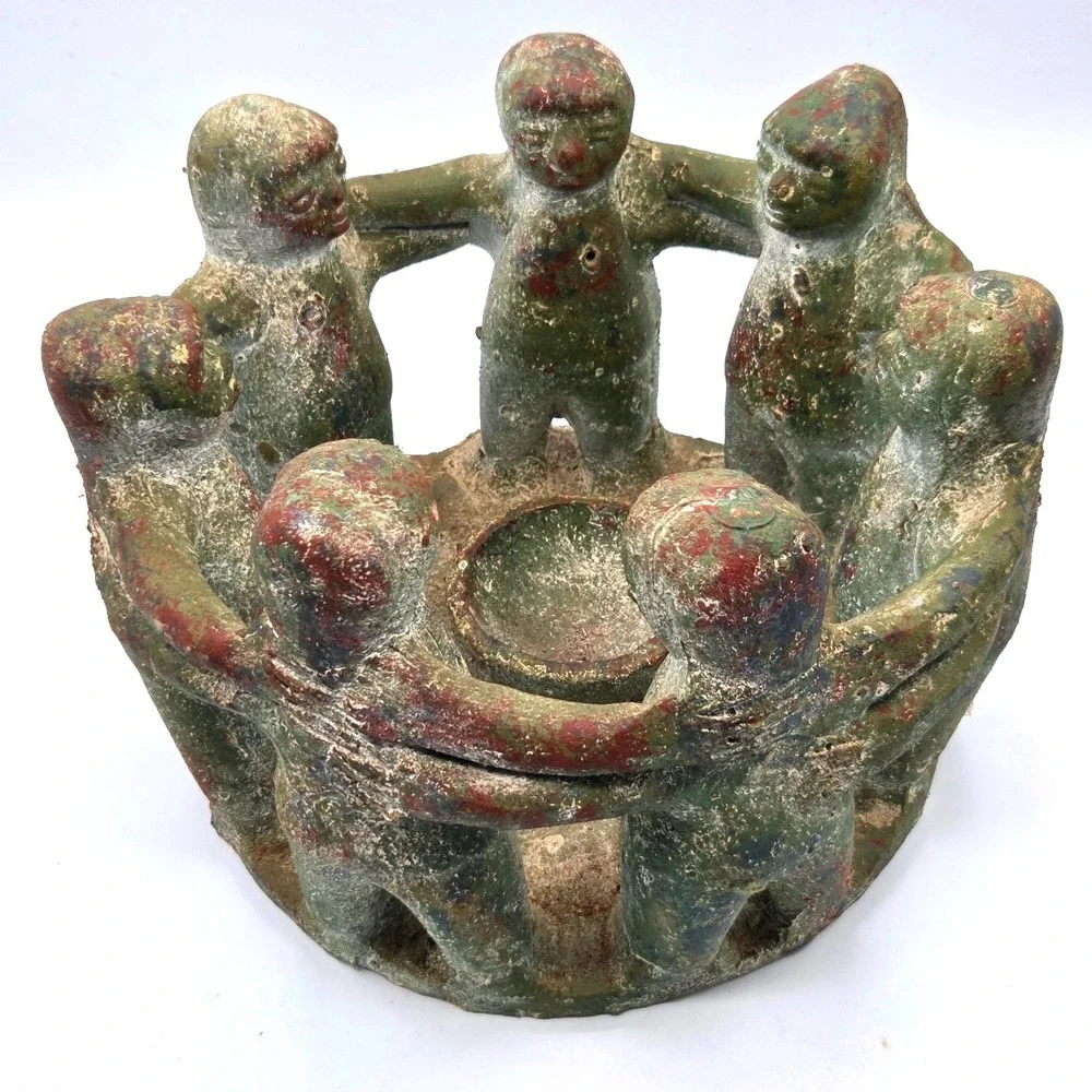 Vintage LARGE Terracotta Circle of 7 Friends Aztec/Mayan Candle Holder‎